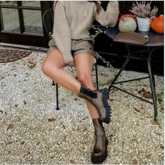 Zara LOW HEELED LUG SOLE LEATHER ANKLE BOOTS 7.5/38 NEW - Picture 3 of 14